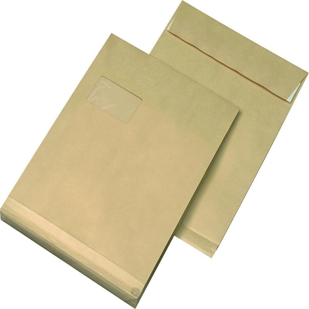 300 Faltentaschen C4 229x324x20 mm mit Fenster haftklebend braun