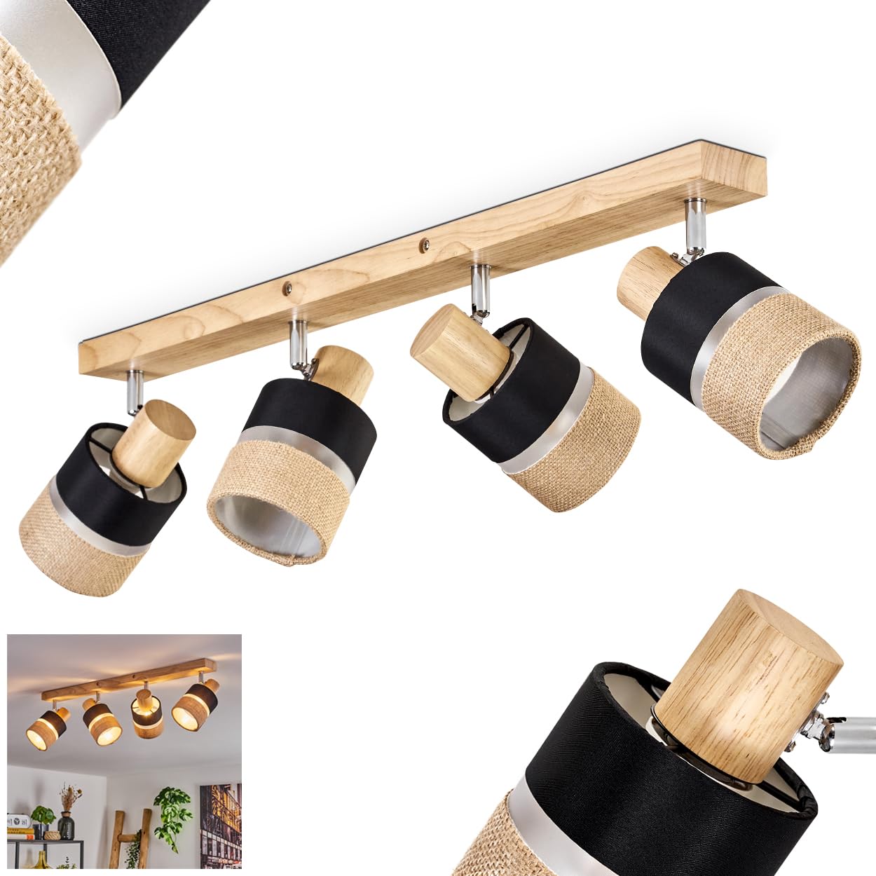 Plafonnier Fallhagen, plafonnier moderne en bois/métal/lin dans les coloris naturel/chrome/noir, luminaire à 4 ampoules au design scandinave avec spots réglables, 4 x E14, sans ampoules