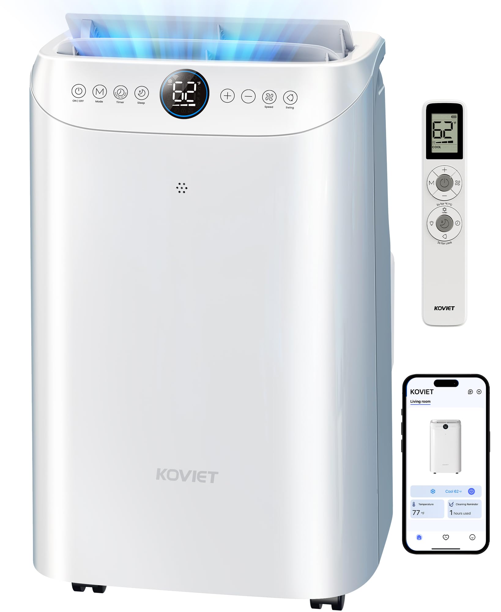 KOVIET 12000 BTU Wi-Fi Portable Air Conditioners, 6-IN-1 Smart AC Unit with APP & Voice & Remote Control, Auto-Evaporation, Quiet Cooling, 24H Timer, Dehumidifier, Fan, Window Kit Included, White