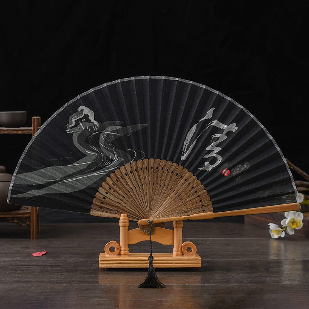 METTEOR Folding Fan Handheld, Hand Held Fans Vintage Black Oriental Cloth Fabric Flax Bamboo Fan With Tassel Chinese Fan Home Decorative Folding Fan