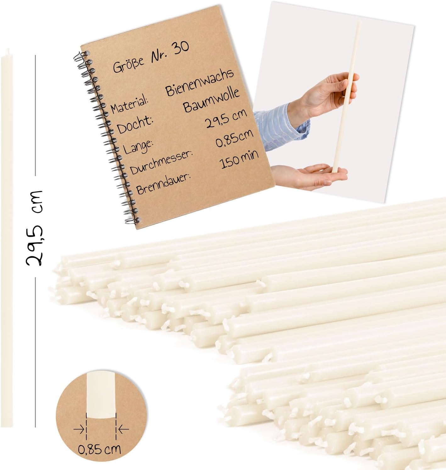 Church Beeswax Candles - 100 pcs. I high Quality Ritual Candles L-10.43 in, Ø-0.28 in I 120 min Burning time and of White Color I of Thin drip- and smokeless Candles