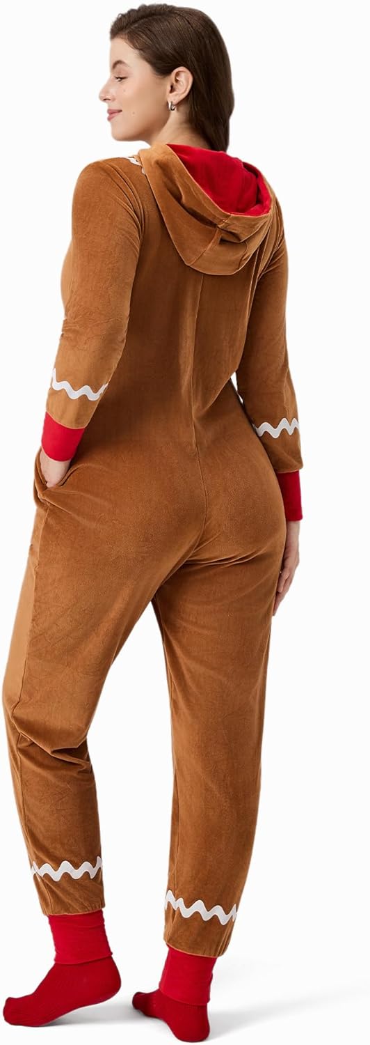 Women’s Christmas Onesie Pajamas, Hooded Jumpsuit with Pockets, Adult Holiday Loungewear, Cozy Zip-Up Sleepwear - Image 4