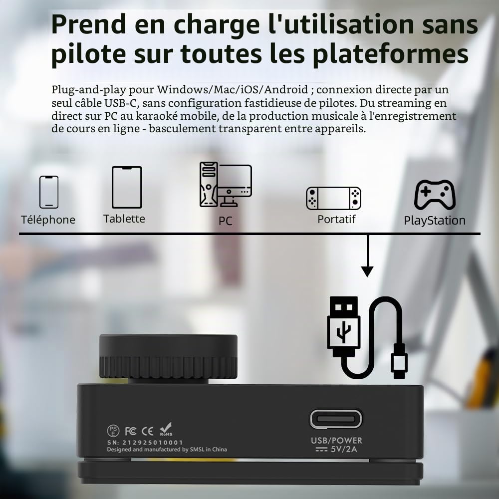 Carte son externe SMSL Nano ONE Pro, puce DSP Hi-Fi, son surround virtuel 7.1, pour Windows/Mac/téléphone/diffusion en direct/jeu, sortie casque 3,5 mm, entrée micro, Plug and Play sans pilote (Noir)