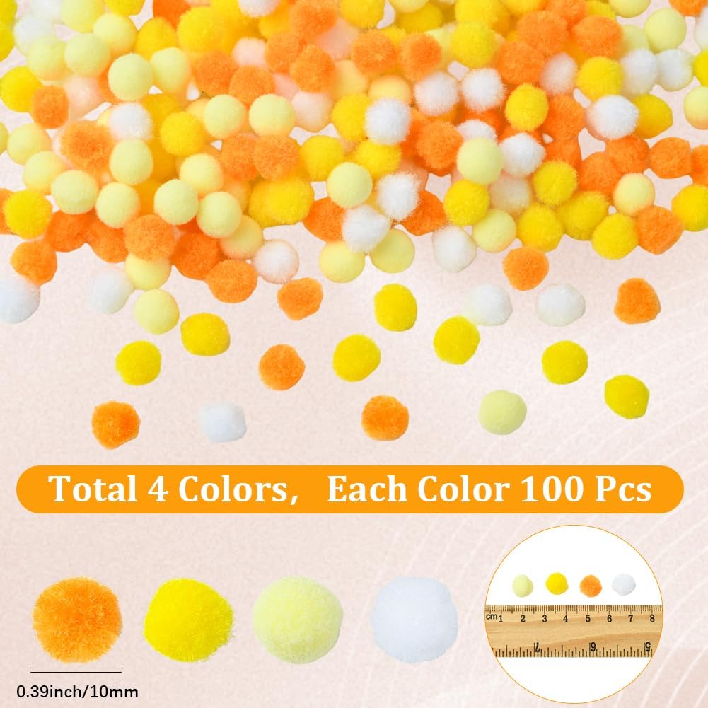 SUNNYCLUE 400Pcs 4 Colors 10mm Colorful Pompom Balls Crafting Pom Poms Bulk Orange White Yellow Polyester Soft Round Fluffy Fuzzy Puff Small Pompoms for Crafts DIY Making Party Decorations Supplies