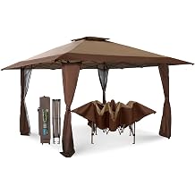 MFSTUDIO 3.97x3.97m Pop Up Gazebo, UV Block Sun Shade Gazebo Canopy with Hardware Kits, Gazebo Shade for Patio Outdoor Garden Events, Brown