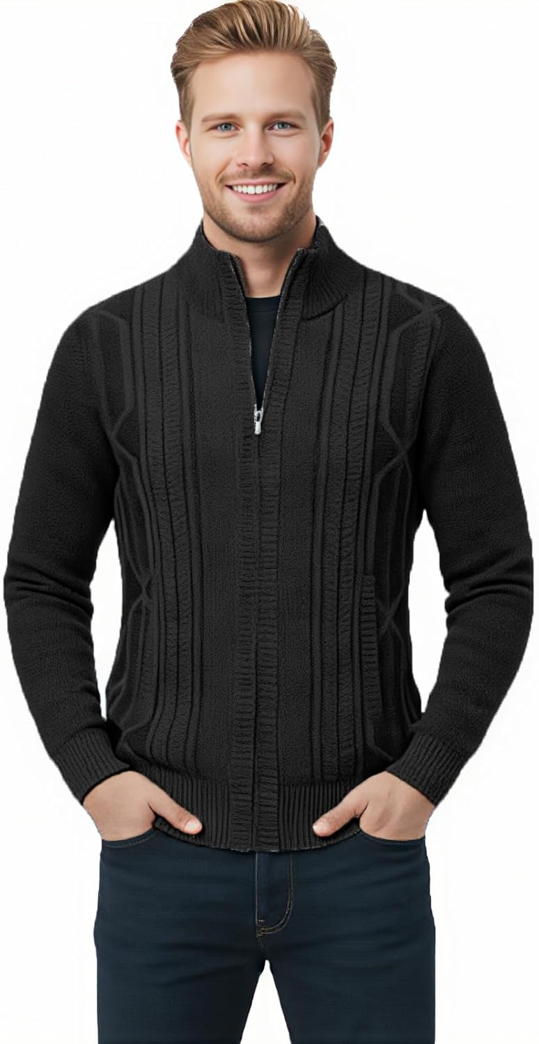 Men's Cardigan Sweaters Full Zip Stand Collar Slim Fit Cable Knitted Casual Long Sleeve Sweater with Pockets - Image 2