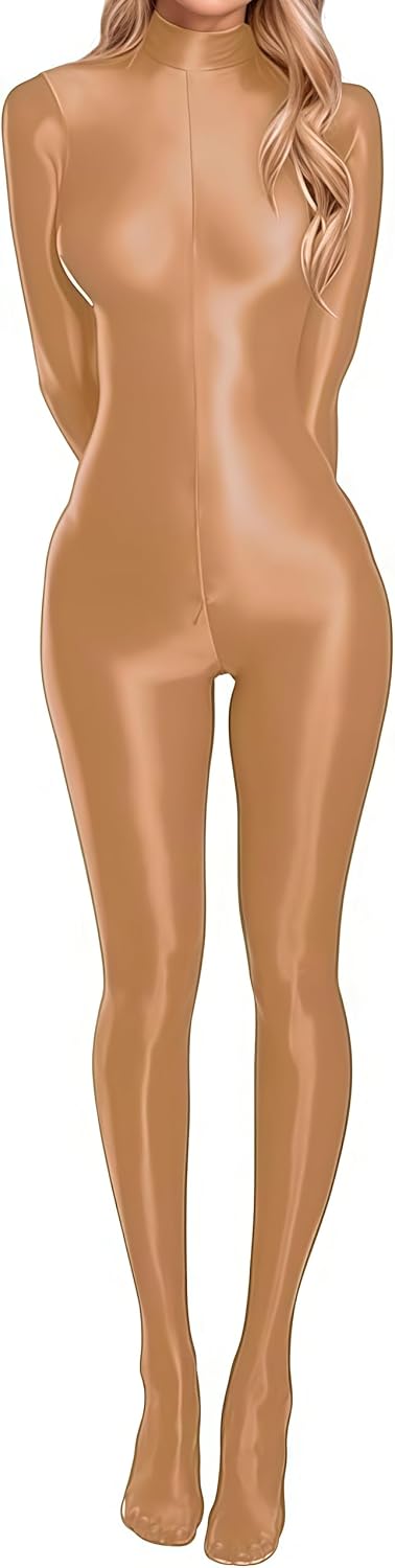 Liangliang Women's Dual Zipper Oil Shiny Metallic Catsuit Long Sleeve Jumpsuit for Cosplay Costume