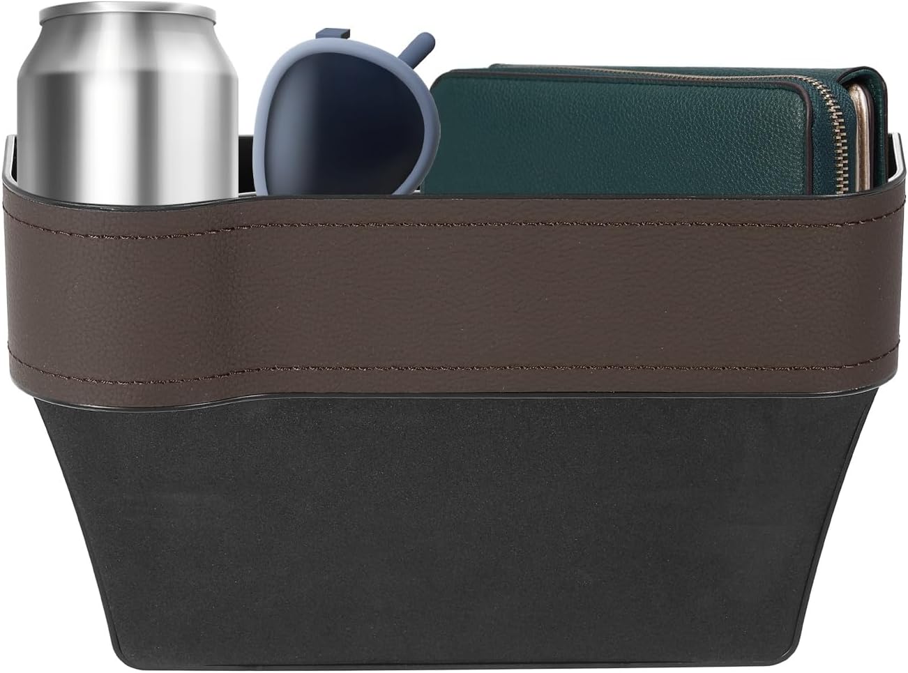 HARFINGTON Car Seat Gap Filler Organizer 10.2 x 6.5 x 3.1 Inch ABS+Leather Universal Car Organizer Storage Box Between Seat and Console (Left) with Cup Holders for Phone Keys, Brown