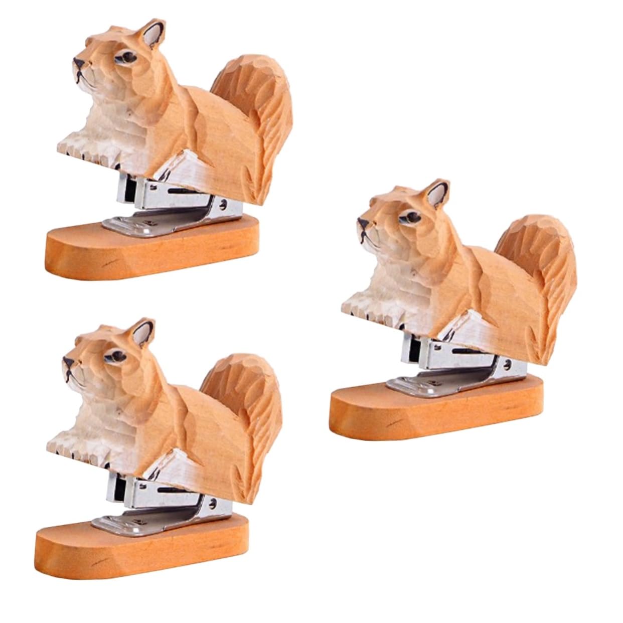 3stücke Holz-squirrel-heftgerät Kreative Holzschnitzerei Für Schreibtisch Niedliches Tier- Praktische Büro-schreibwaren Für Schule Und Büro