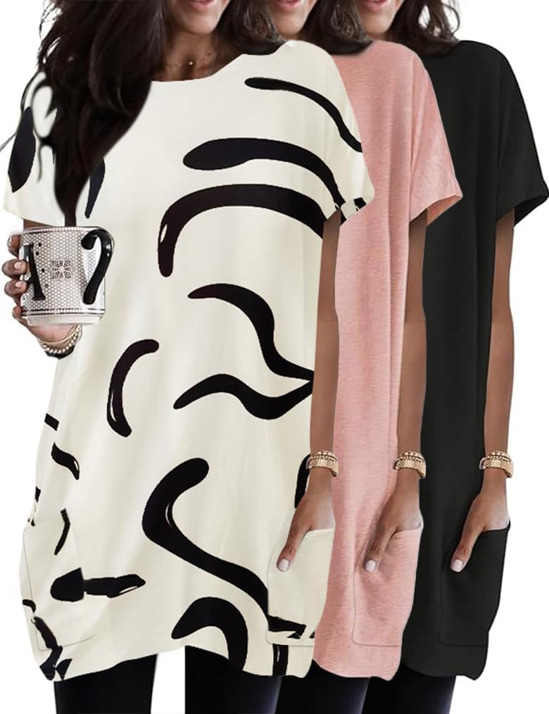 Poetsky 3 Pack Womens Tunic Tops for Leggings Short Sleeve Summer Long T-Shirts with Pockets Loose Tees Blouses
