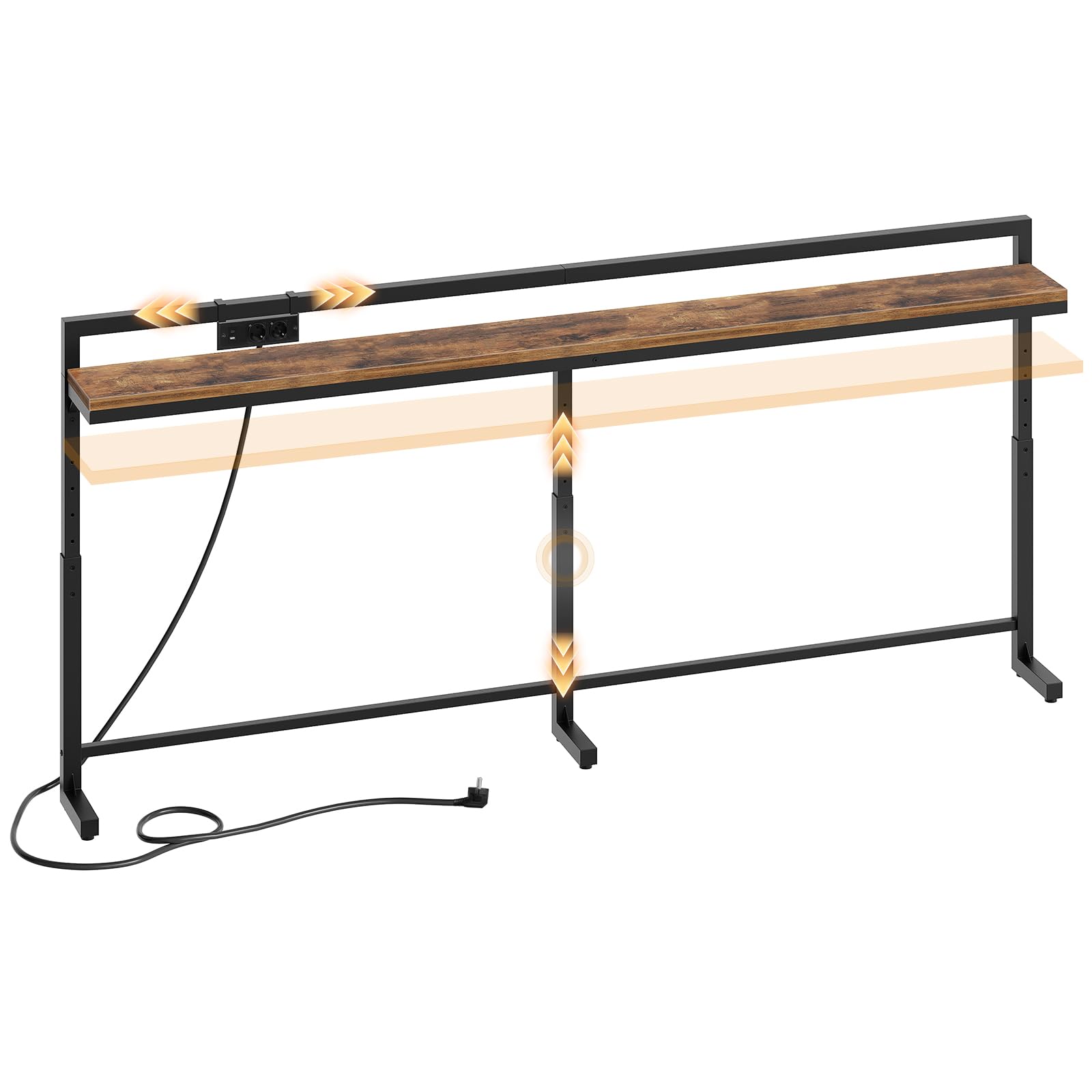 YATINEY 200 cm Konsolentisch mit Verstellbarer Höhe (70–90 cm), Langer schmaler Flurtisch mit verschiebbarer Steckdosenleiste (2AC, 1USB-A, 1USB-C), Langer Eingangstisch für Wohnzimmer, XCT22CBR