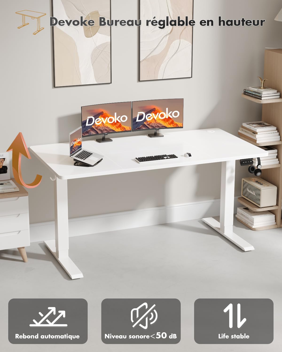 Bureau Assis Debout Électrique 120x60 cm - Réglable en Hauteur Motorisé avec 2 Mémoires - Blanc