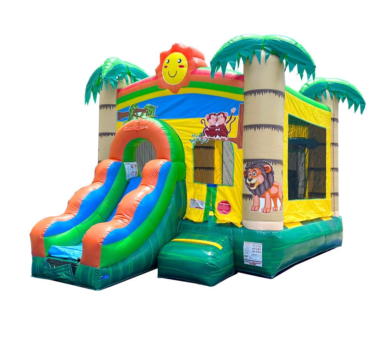 Inflatable Bounce House with Slide for Kids 12 x 12 x 18 Foot - Backyard Tropical Jungle Castle Smiley Face Combo Bouncer, Outdoor Toys, Jumpers for Kids - Includes: Blower, Stakes, and Storage Bag
