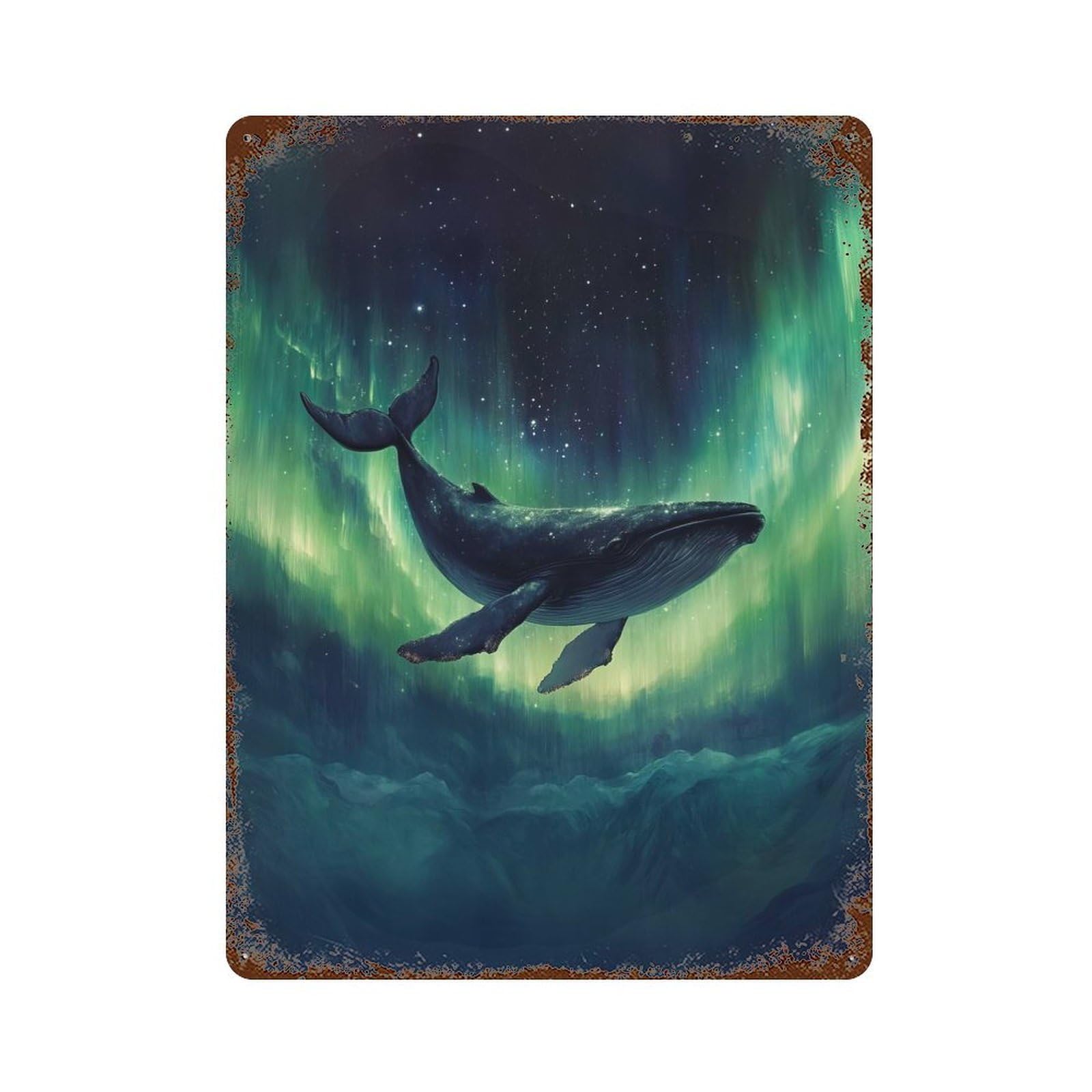 Rust Effect Whale And Aurora Borealis Aged Metal Wall Plaque 15.7"x11.8", Rustic Home Decor for Bistro, Counter And Cafe Decor