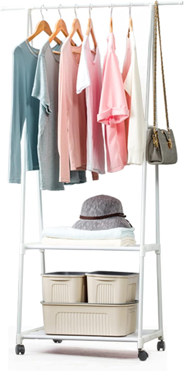 YISONHO Multifunctional Clothing Garment Rack with Removable Wheels Two-tier Shelf Clothes Organizer Hanging Handy Storage (White)
