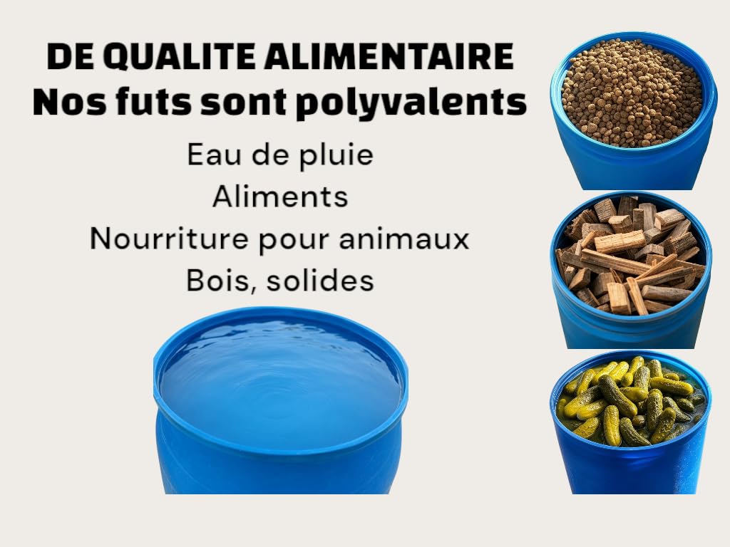 Fut plastique 120 Litres avec Couvercle Hermétique et Poignées - Bidon Ouverture Totale, Conteneur de Stockage Solide pour Liquides, Solides, Déchets