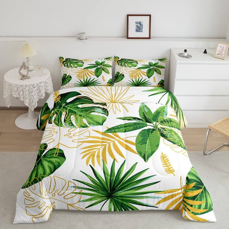 MUGINYU Set Biancheria Da Letto Matrimoniale Con Foglie Verdi E Oro | Copripiumino Queen In Microfibra Morbida, Stampa Botanica Tropicale 3 Pezzi