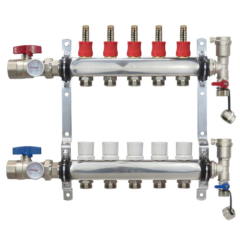 5 Loop Stainless Steel Premium PEX Manifold With 1/2" Connectors for Radiant Heating - PEX GUY