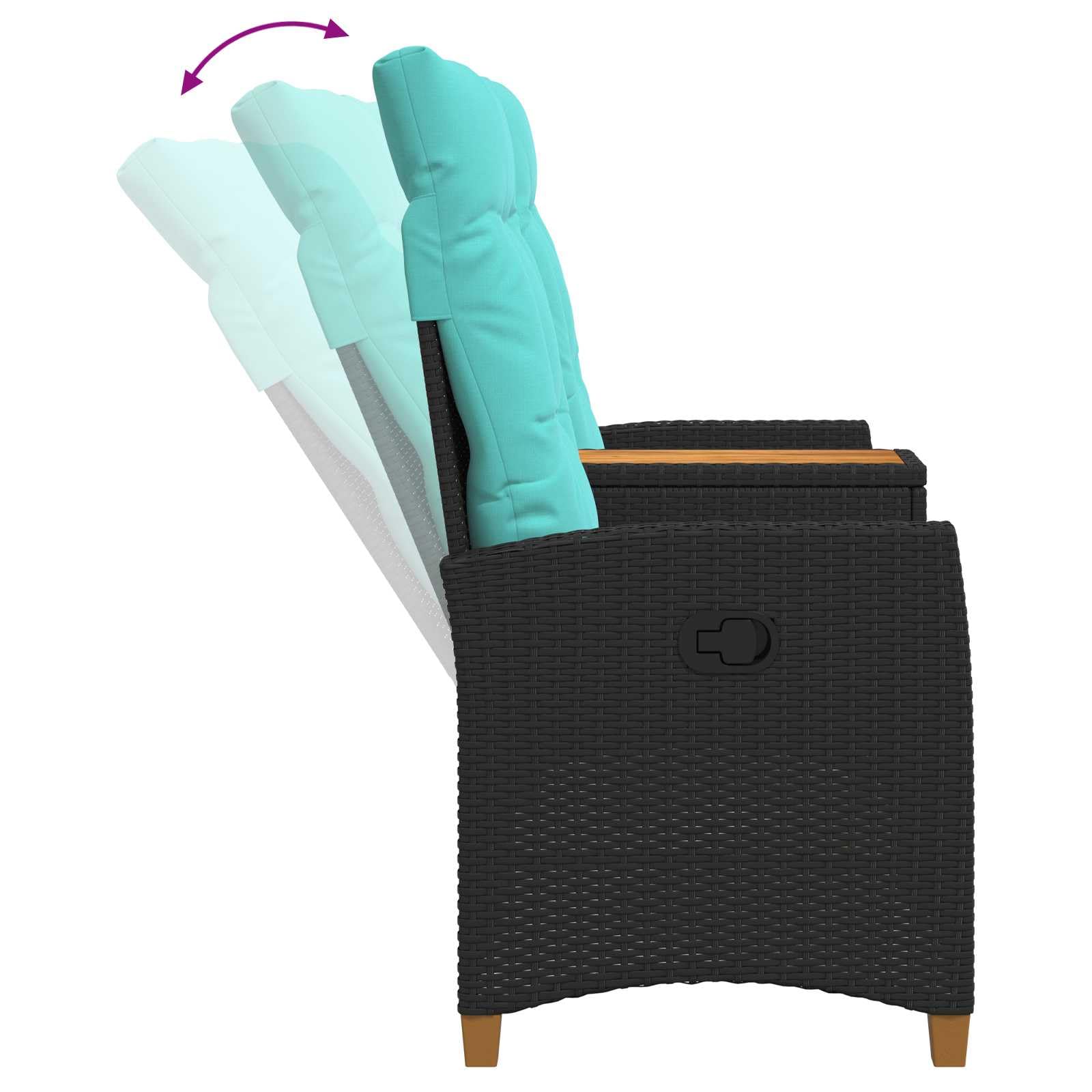 Rattan Gartenbank mit integriertem Tisch und Verstellbarer Rückenlehne, 2-Sitzer Poly-Rattan Liegebank mit Kissen, Outdoor Relaxsessel für Garten und Terrasse, Schwarz Türkis