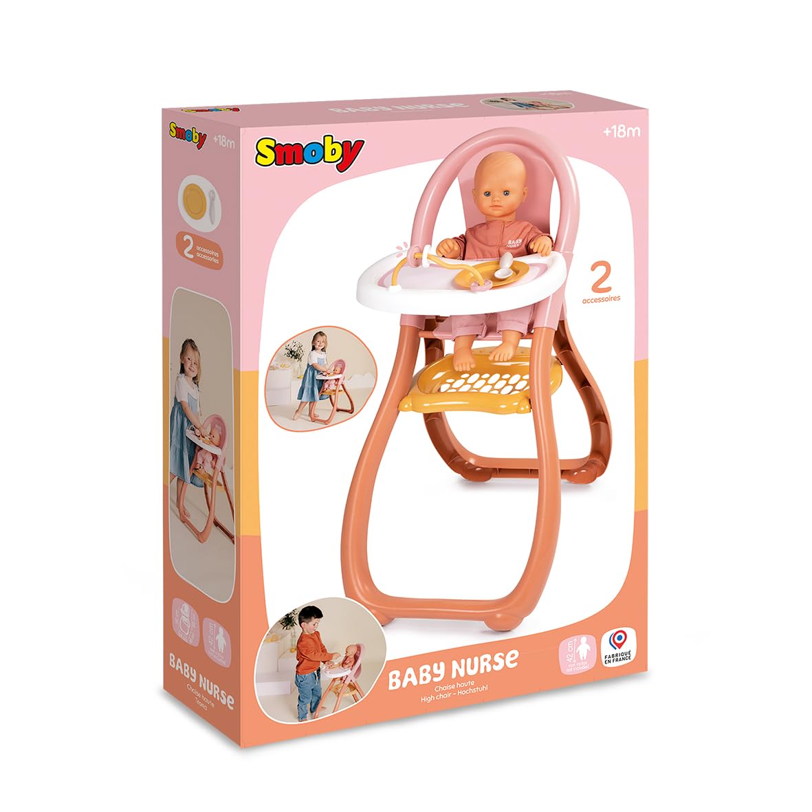 Smoby - Baby Nurse - Chaise Haute - pour Poupon Jusqu'à 42 cms - Accessoires Inclus - A Partir de 18 Mois - Fabrication Française