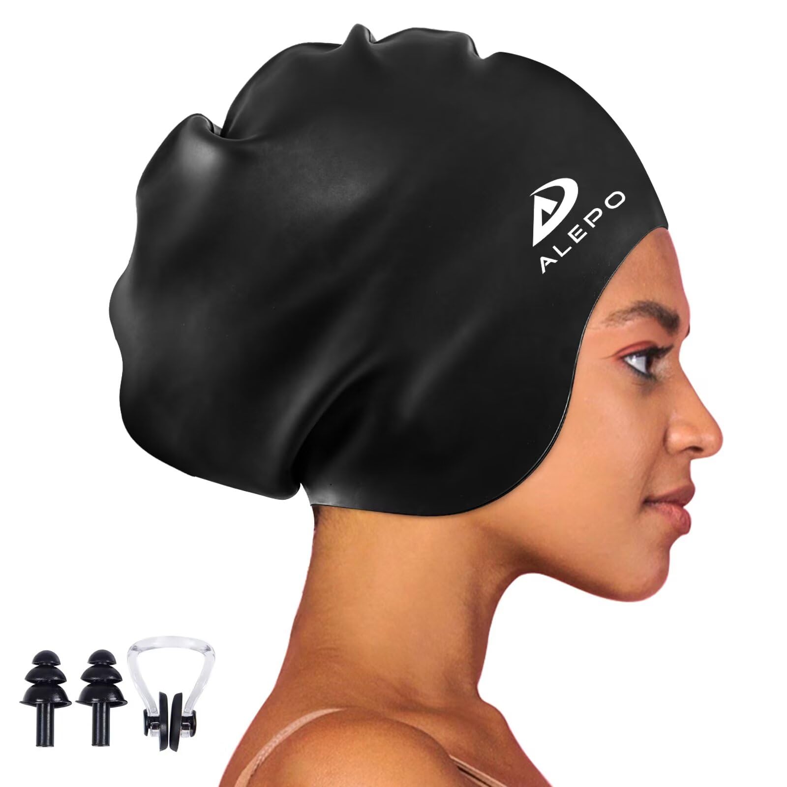 Alepo Extra Large Swim Cap for Women Men, Durable Silicone Swimming Hat with Ear Protection, Unisex Adults Bath Swimming Caps for Long Thick Curly Hair & Dreadlocks Braids Weaves Afro Hair