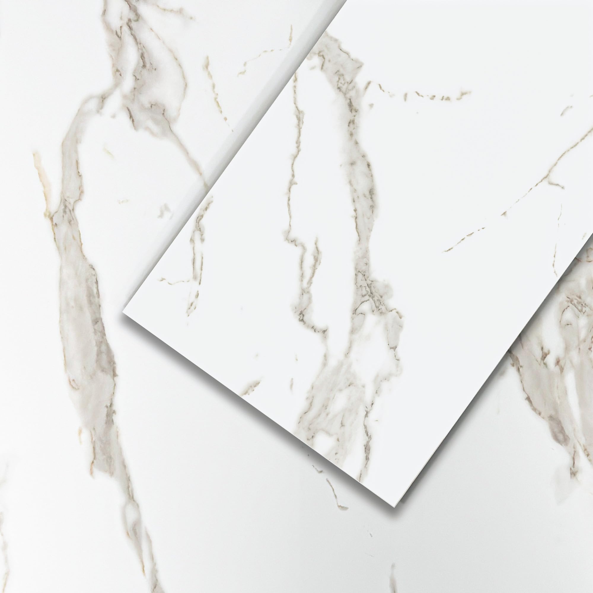 Mulgreat Revêtement de sol en PVC - Carreaux autocollants en vinyle - Effet béton - Marbre blanc - 60,96 cm x 30,48 cm x 1,5 mm - Épaisseur : 1,5 mm - 2,23 m² / 12 carreaux