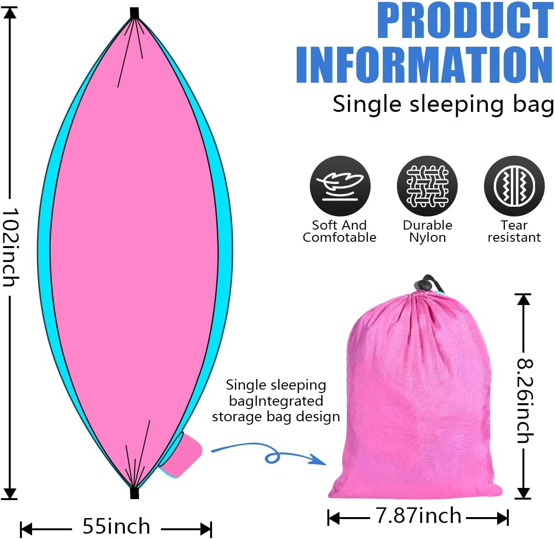 OBTANIM Camping Hammock 500lbs Portable Lightweight Single or Double Hammock with Tree Straps and Carry Bag for Camping Backpacking Hiking Travel Beach Outdoor Indoor (Blue and Pink)