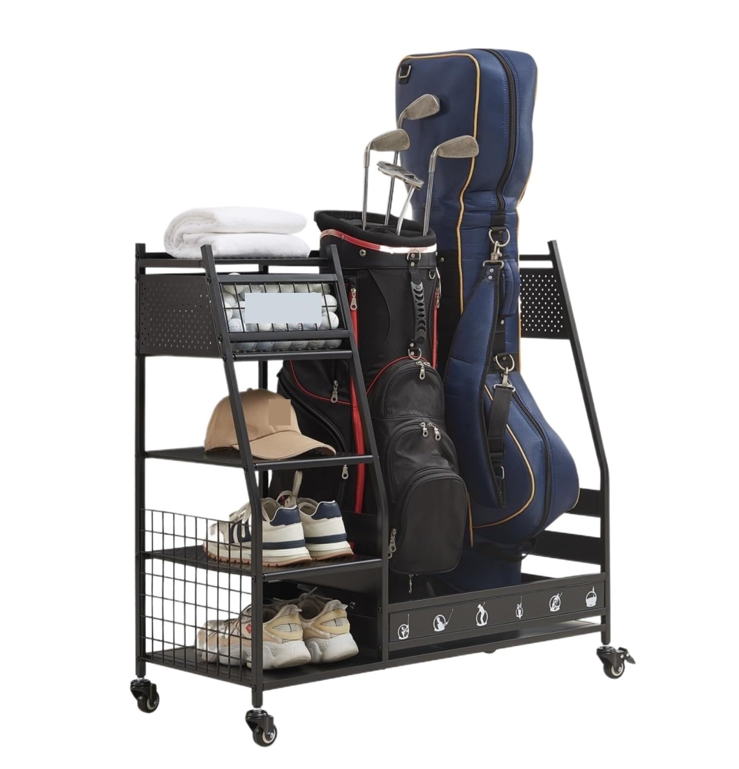 Jxyq Black Golf Club Rack With Baskets And 4 Wheels Golf Bag Storage Stand For Garage Organizer