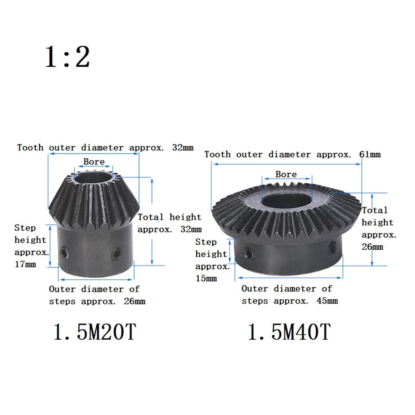 Bevel Gear Pinion Hardware Mechanical 1pcs Single 1.5 Module Bevel Gear 1:2 20/40Teeth 45# Steel Bore 8mm-15mm Mechanical Transmission Gear(10mm-40 Teeth)