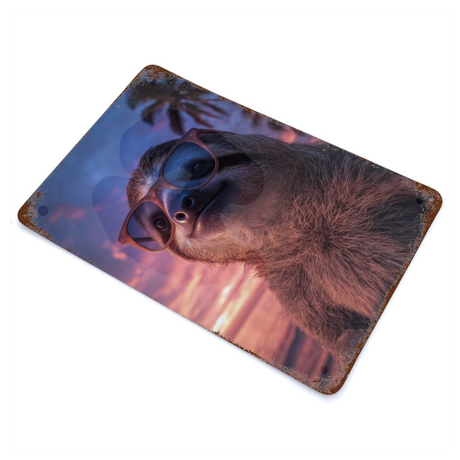 Rust Effect Cool Sloth on Beach at Sunset Weathered Tin Sign 11.8"x7.9", Shabby Chic Decor for Cafe, Home Bar And Lounge Decor