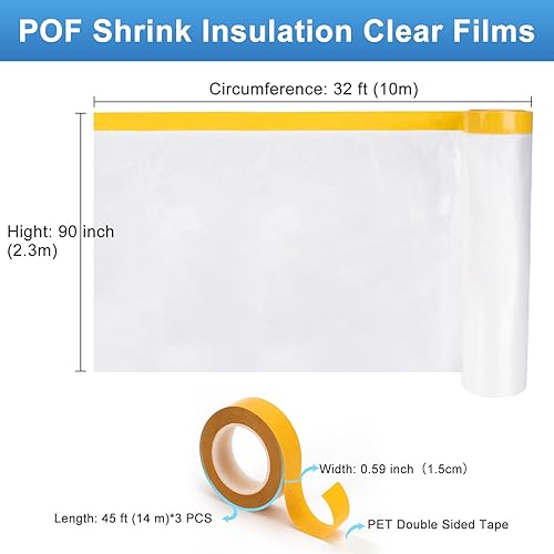 Miniatura 3 de Kit de aislamiento de ventana, aislante de película retráctil POF de 90 pulgadas de ancho x 393 pulgadas de largo con cinta de PET de doble cara,