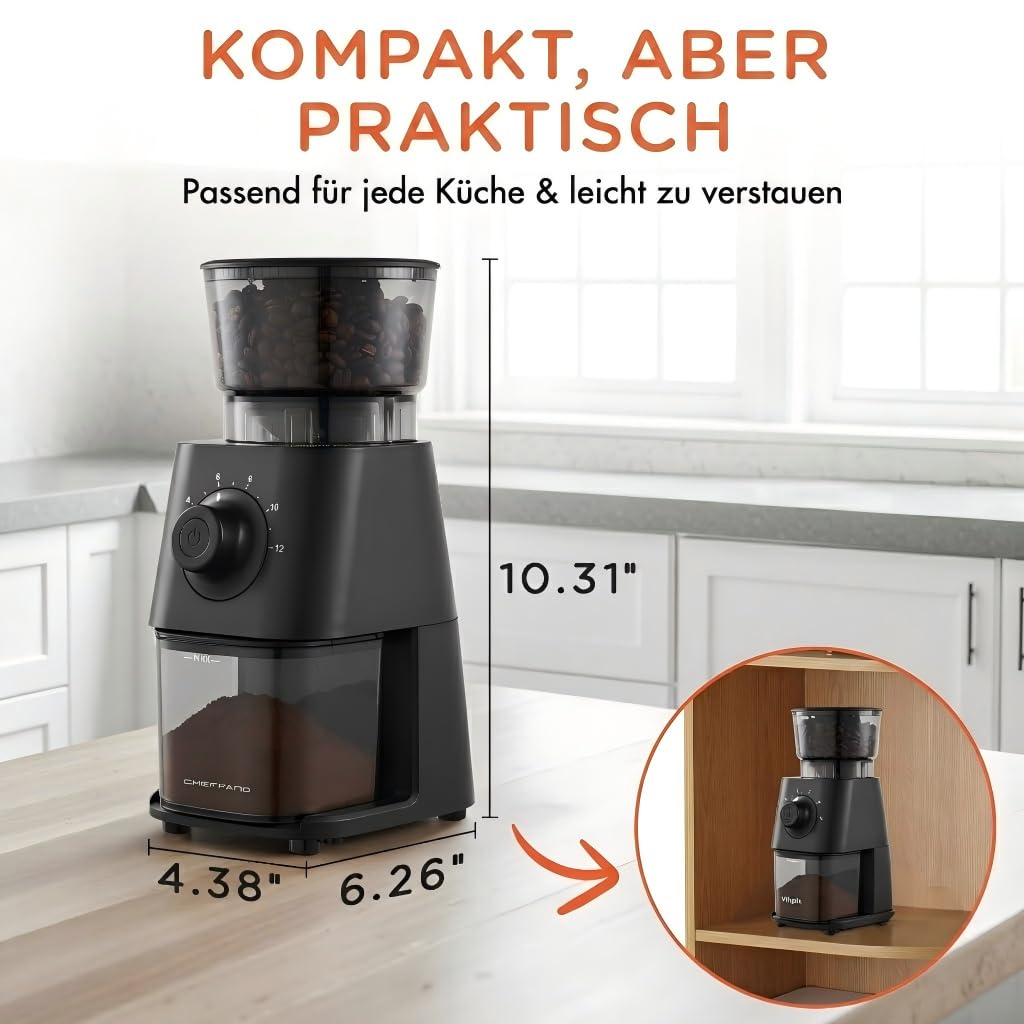 CHEFFANO Elektrische Kaffeemühle mit Kegelmahlwerk, 150W Kaffeebohnenmühle mit 30 Mahlgraden, Kaffeemühle elektrisch für 2-12 Tassen, Einstellbare Kaffeemenge & Abnehmbarer Bohnenbehälter