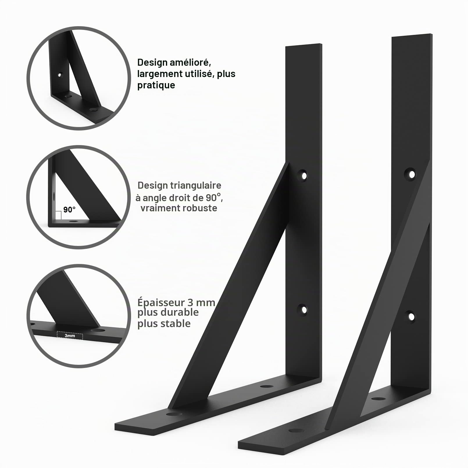 Lot de 4 supports d'étagère flottants en L - 200 x 255 mm - Noir