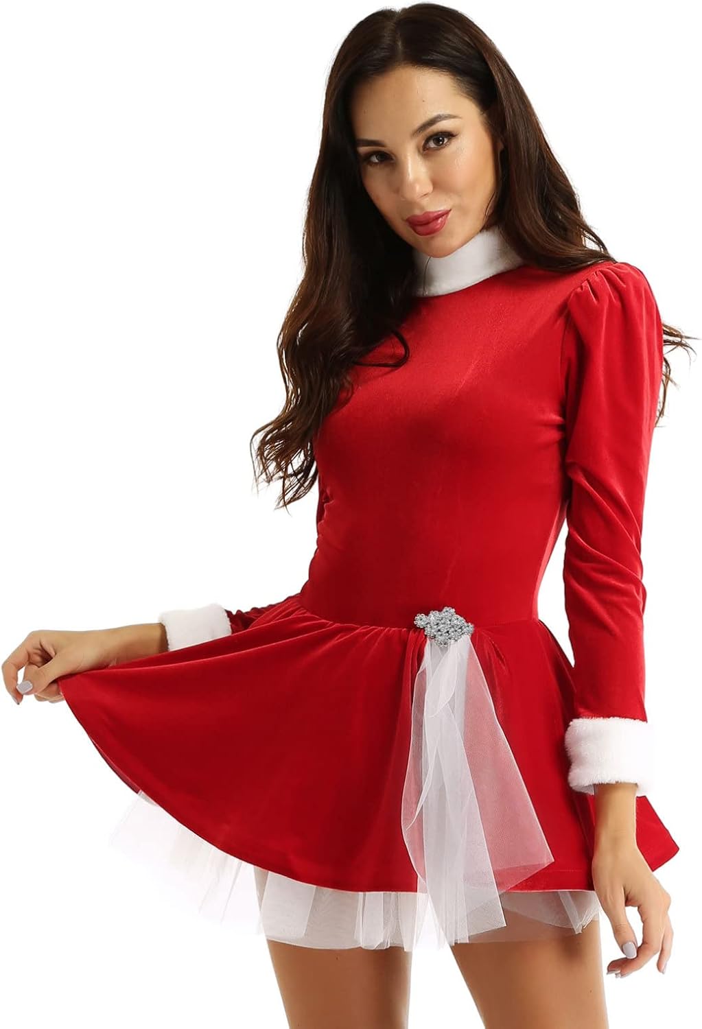 Womens Velvet Christmas Ballet Dance Costume High Neck Long Sleeves Bodysuit Figure Ice Skating Leotard