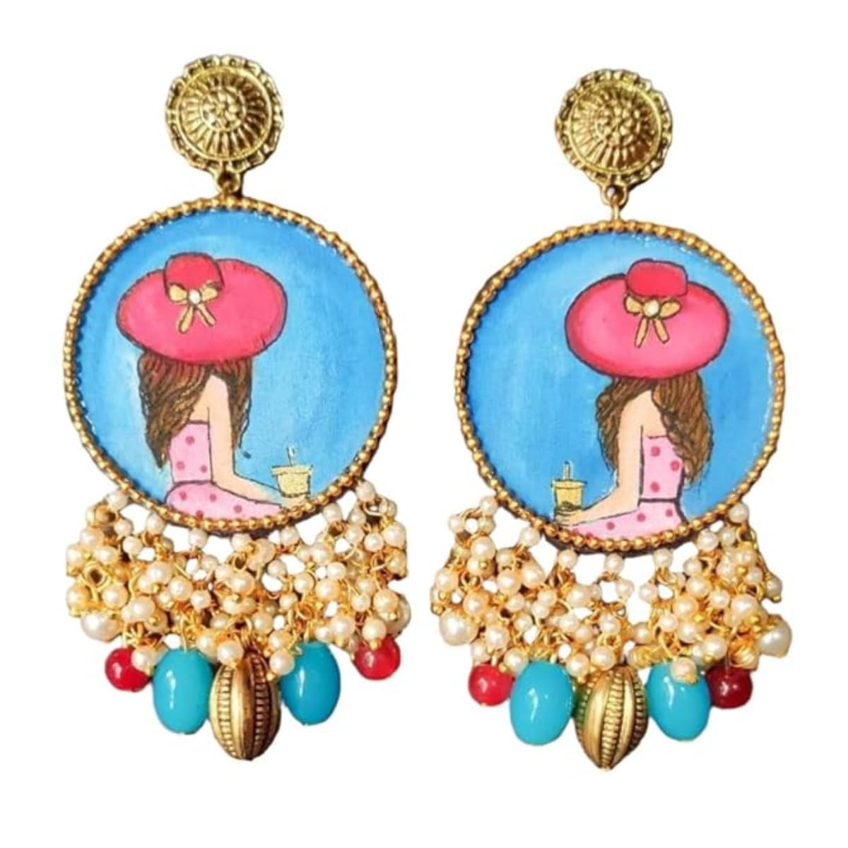 Handmade Earrings For Women | Hand-Painted Round Drop Earrings | Lightweight Ethnic Jhumka Style Accessory | Boho Earrings For Girls | Funky Earrings For Party, Events, Gifting-image-6