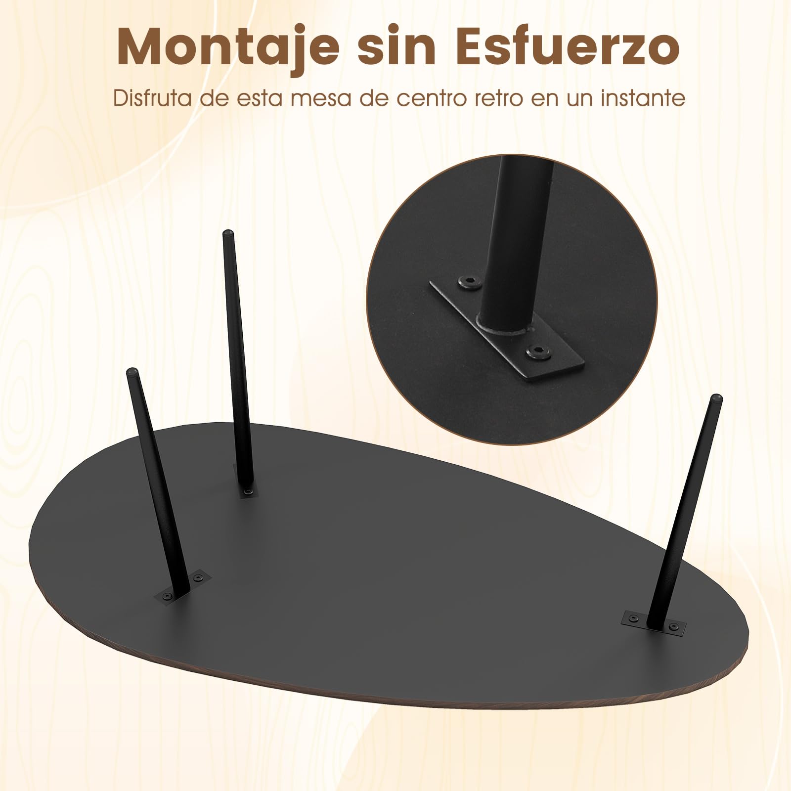 COSTWAY Mesa de Centro Ovalada, Mesita Central con Construcción Metálica Resistente y Diseño Compacto para Sofá, Mesita Auxiliar para Salon, Oficina, Mesita de Café, 108 x 56 x 44 cm (Nogal)