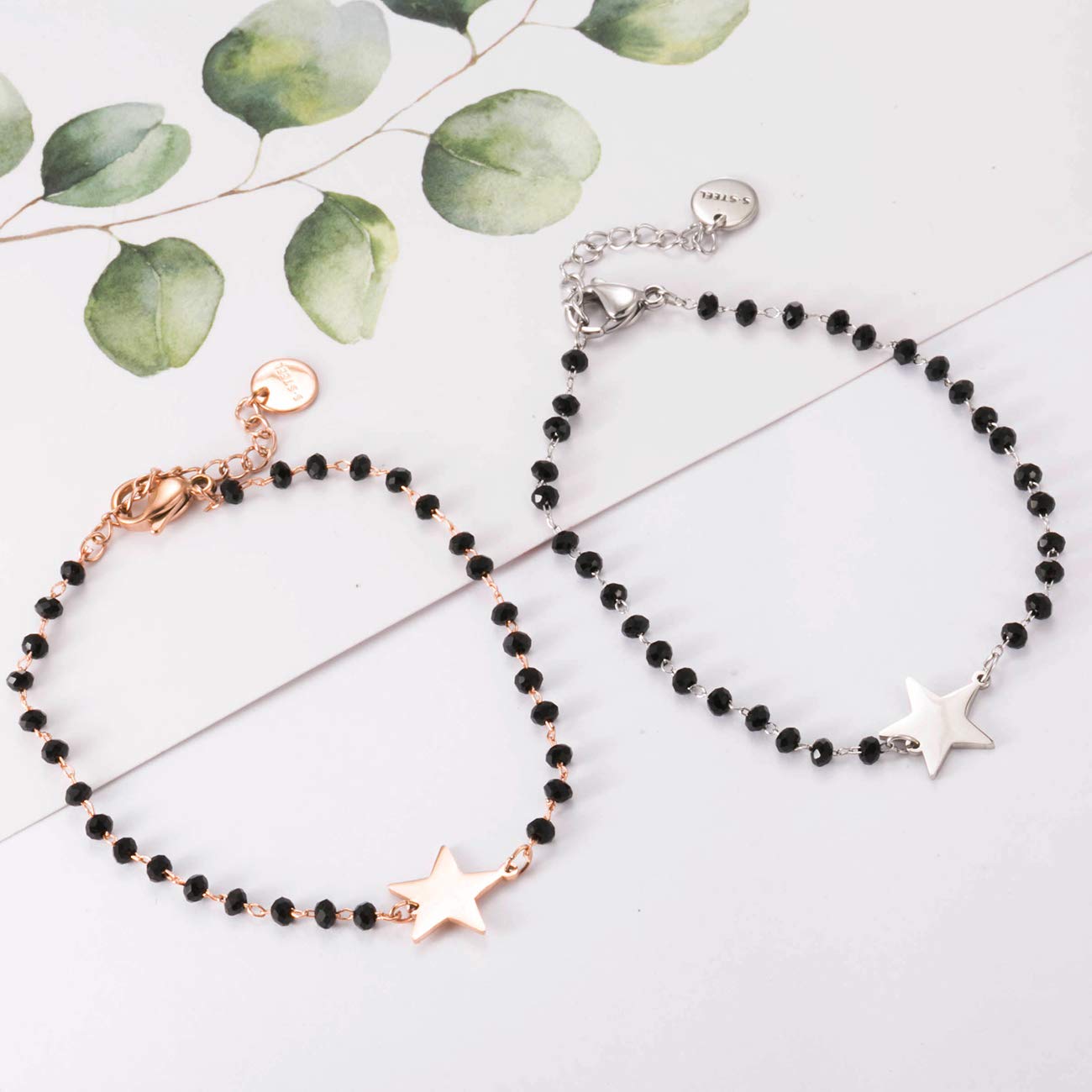 pengjin-Bracciale con ciondolo a quadrifoglio portafortuna, in acciaio inox, con perline nere, semplice braccialetto portafortuna