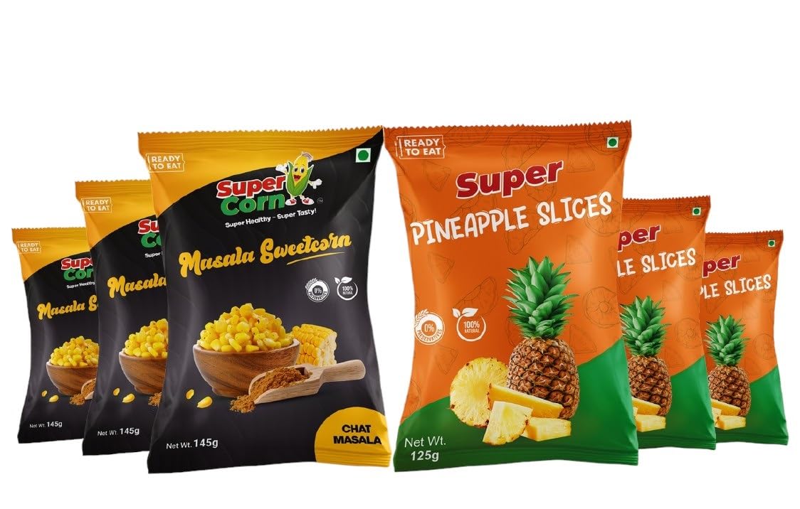 SUPER CORN Fiesta Pack – Sweet Corn Snacks with Peri-Peri & Chat Masala (4x145g) + Pineapple Bites with Fruit Masala (2x125g)"-image-1