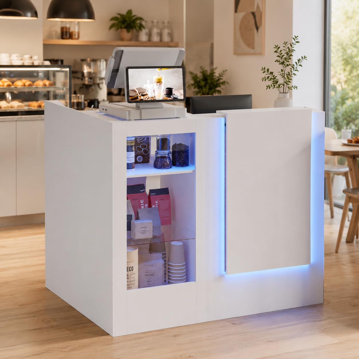 Caldion Moderno mostrador de recepción con iluminación LED con cajón de tatuaje, mostrador de recepción de cristal templado, mesa de recepción en forma de L, color blanco, 120 x 100 x 103 cm
