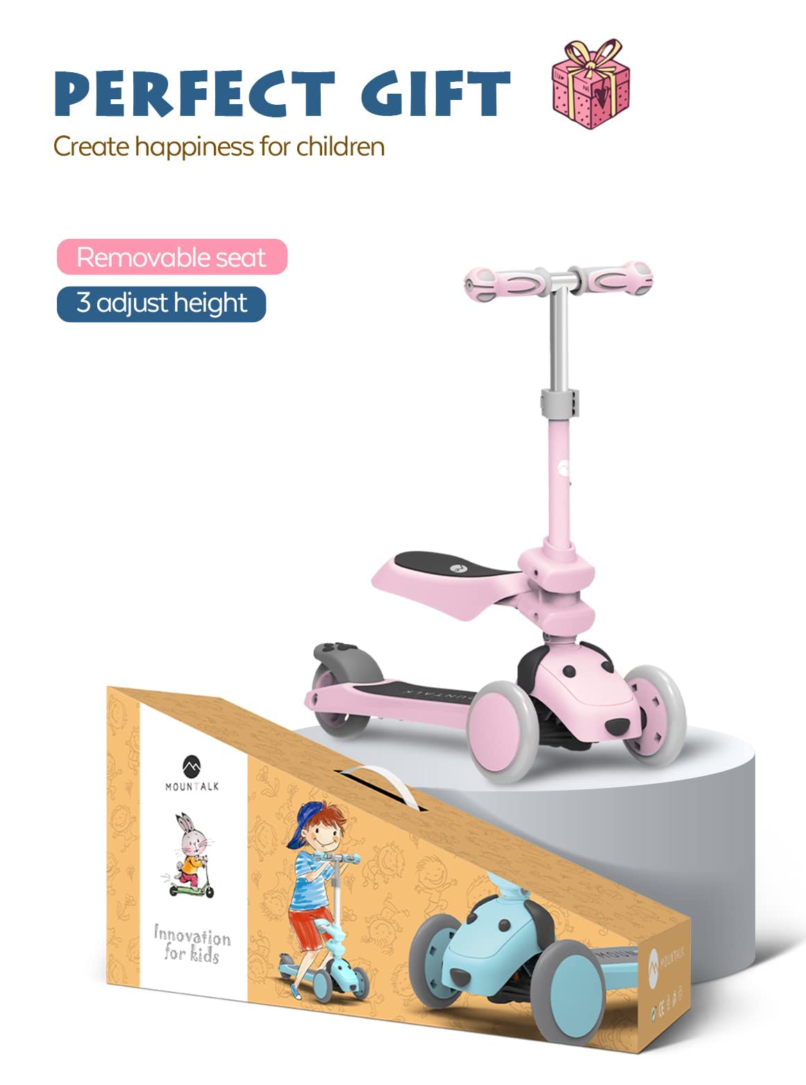 Mountalk Toddler Scooter/Balance Bike, 3 Wheels Scooter with Seat, Ride On Toys for Girls and Boys 1-6 Years