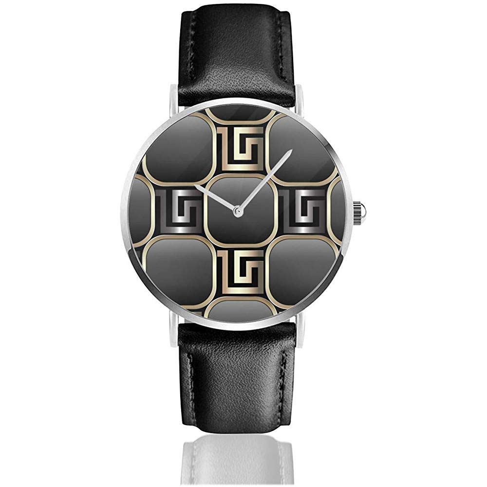 3D Ornate Greek Key Meanders Seamless Pattern Black Fashion Wrist Watches
