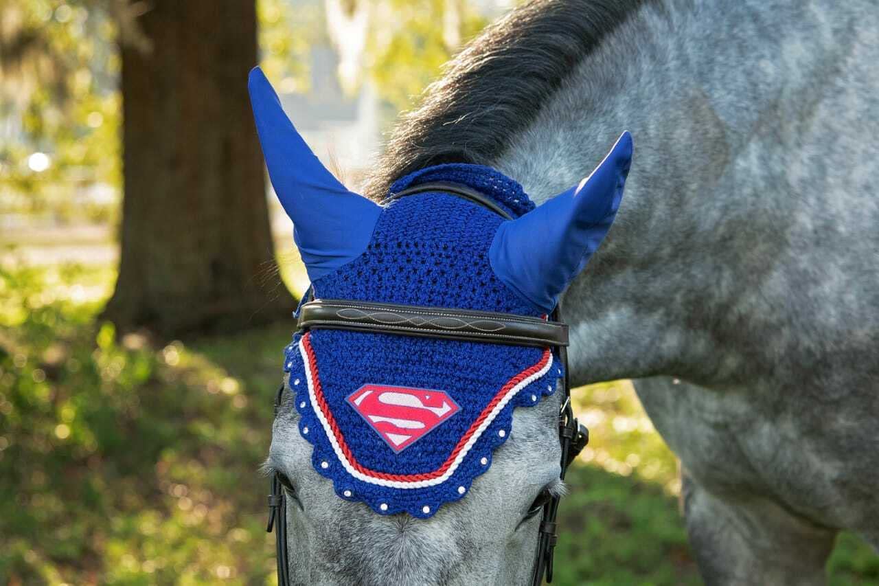 SUPERMAA Horse Ear Bonnet Ear Net Fly Veil Fly Mask Crochet Hood Mask with Piping Full/COB/Pony (Horse/Full)