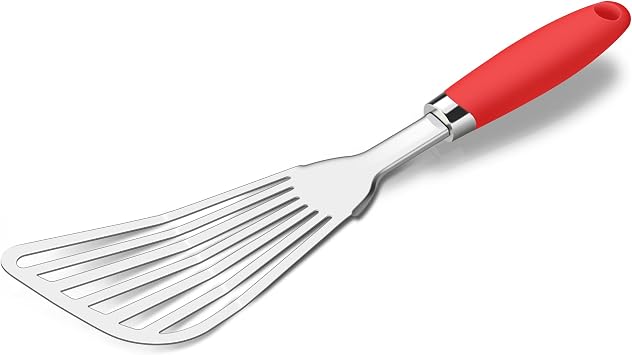 304 Stainless Steel Fish Spatula, Flexible Slotted Turner, Red | Non-Slip Ergonomic Handle, Metal Spatula for Fish, Eggs, Burgers, Cast Iron & Griddle