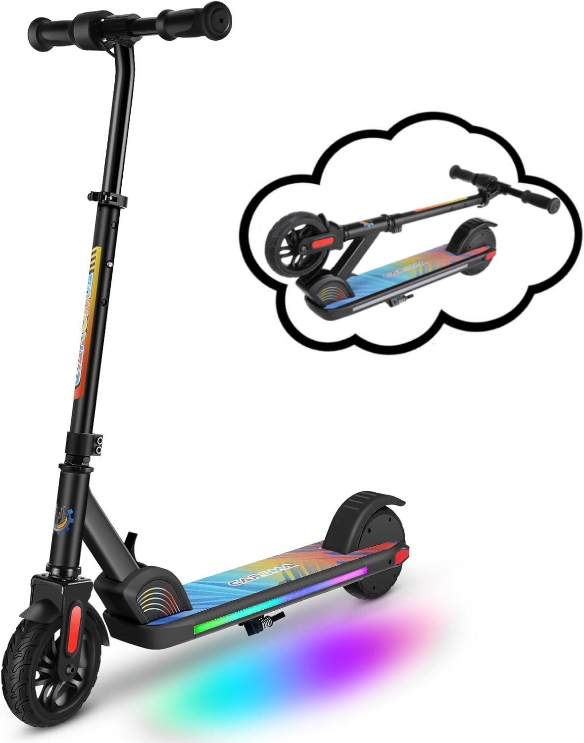Caroma Elektroroller für Kinder von 6-12 Jahren, 150W Motor bis 16 km/h, 12km Reichweite E Scooter, Faltbarer E Roller mit Bunte Leuchten  LED-Display, Einstellbare Geschwindigkeit  Höhe
