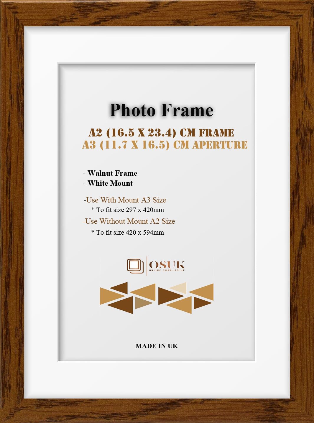 Frame Eazy Walnut Osuk A2 Frame With A3 Mount Modern Photo Frame With White Mount - Clear Perspex Front & Wall Mounting Poster Frame - A2 Picture Frame With A3 White Mount