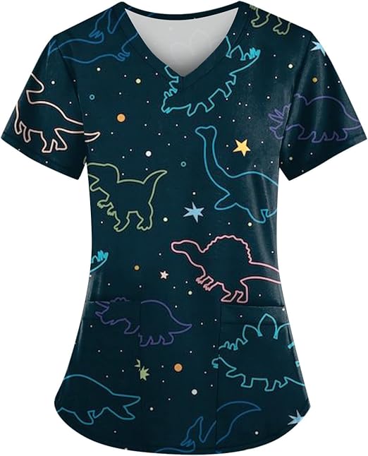 OIOLOYJM Printed Scrub Tops Women V Neck Short Sleeve Plus Size Scrubs for Womens Nursing Uniforms Shirts with Pockets