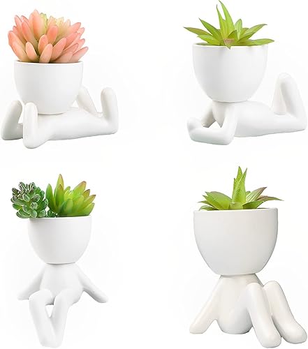 Pturey 4 macetas de cerámica para suculentas con forma de humana decoración del hogar mini cactus suculentas decoración de escritorio blanco