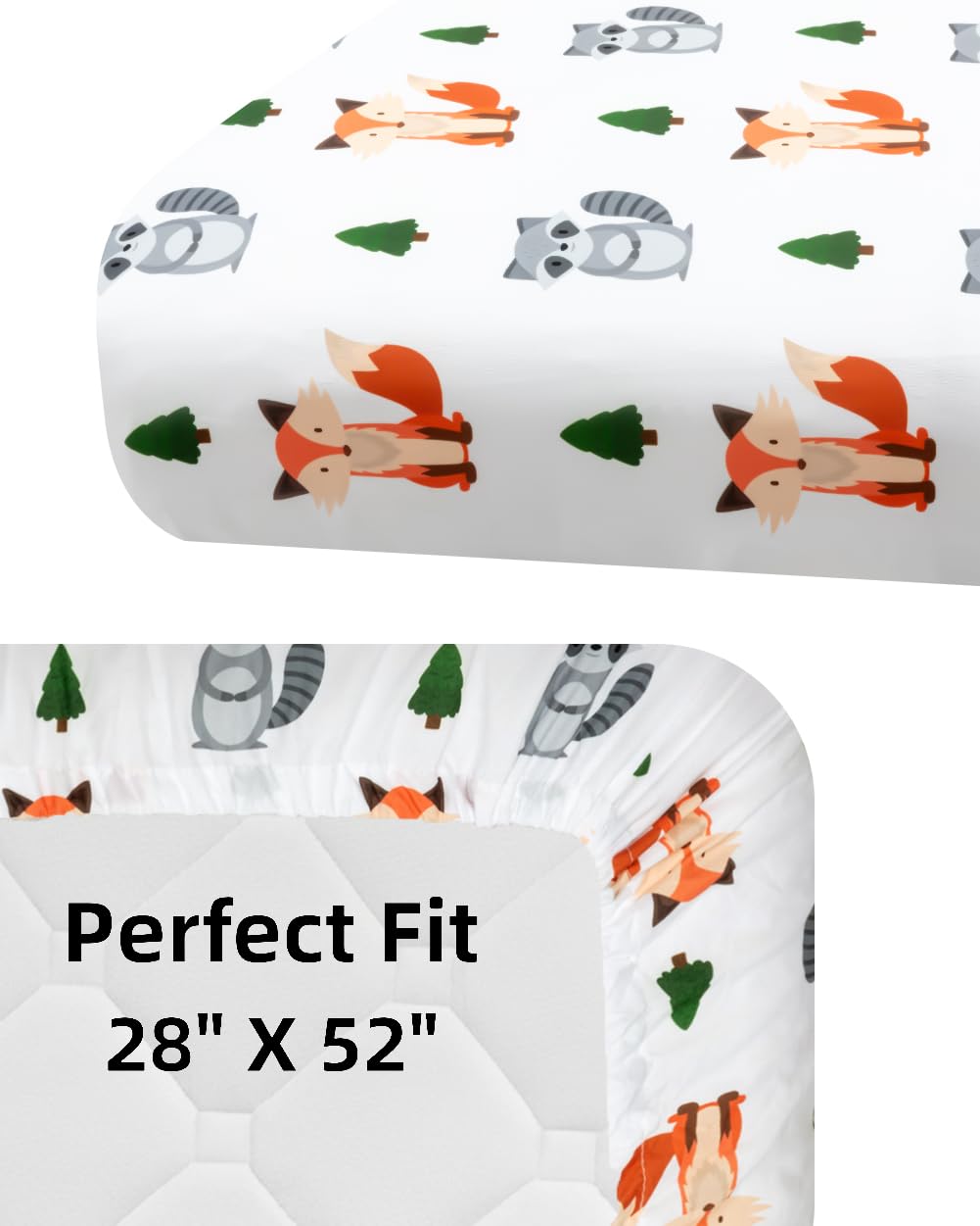 Juego de 4 sábanas ajustables unisex para cuna de bebé, diseño de animales del bosque, madera neutra, para bebés niños o niñas, blanco y negro