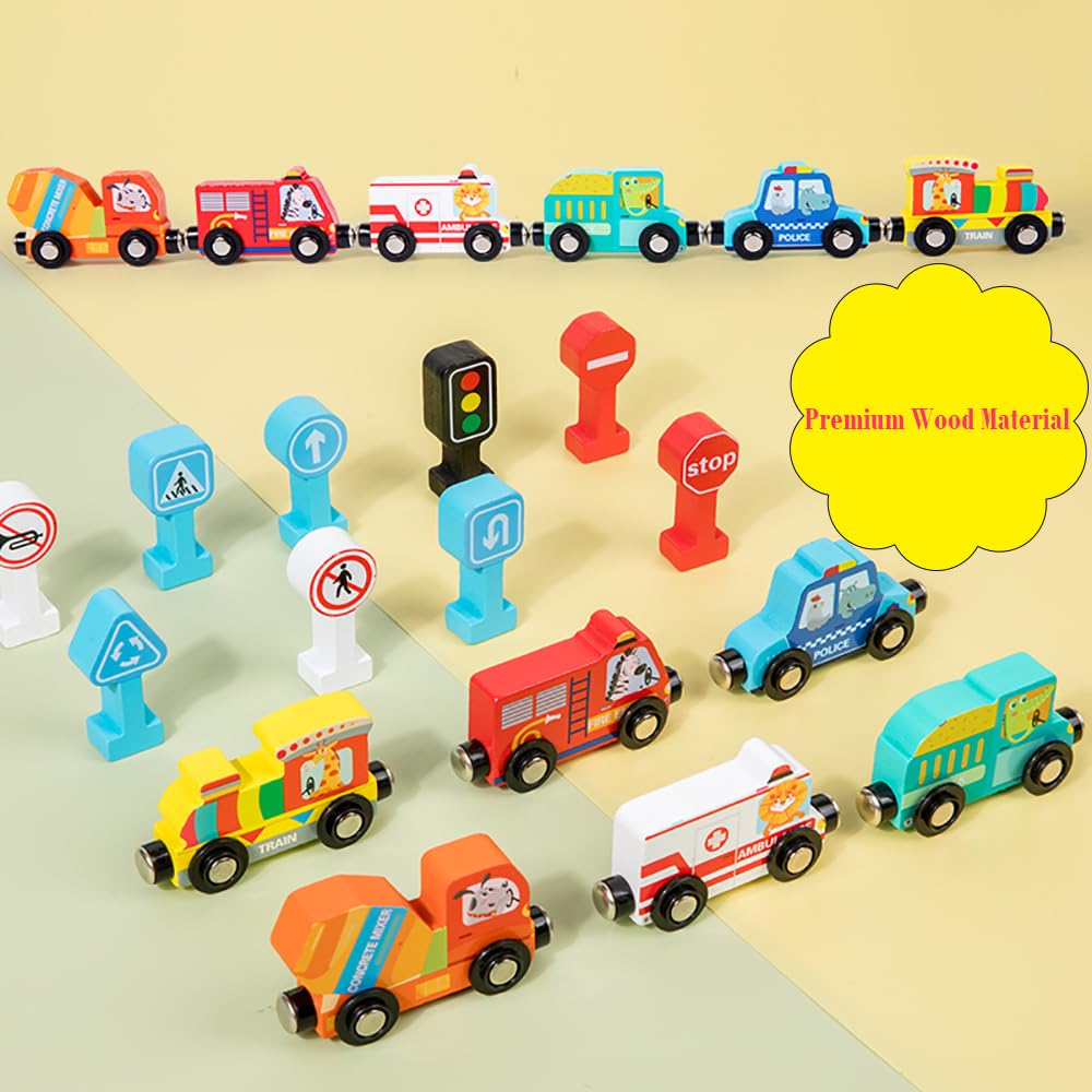 Astrowinter Wooden Trains Cars with Traffic Signs, Magnetic Train Cars Toy Set for Toddlers and Kids AW-067-UK-B - Image 3