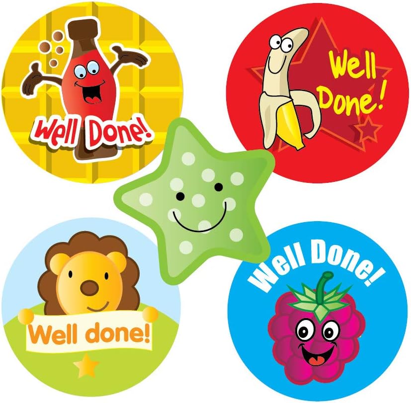 SuperStickers Scratch 'n' Sniff Smelly Reward stickers - pack of 125 with multiple praise messages. Designs include bananas, stars, berries and animals.